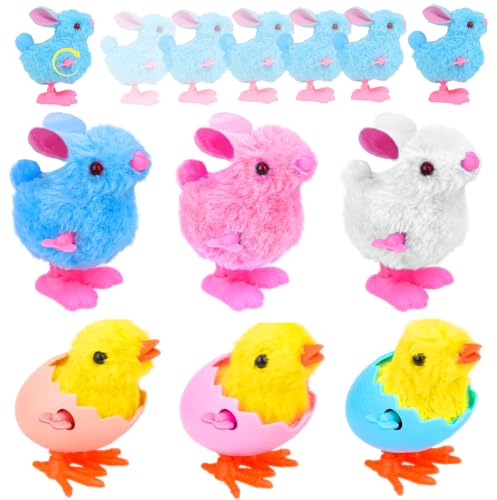 6Pcs Jouets de Pâques à remonter, Cadeaux de Pâques pour enfants, Horloge de Poussin Sautant Lapin Jouets doux de Pâques pour Enfant, Lapin en peluche Simulé Jouets de Panier de Pâques à Remonter (A)