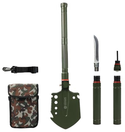 Dönges Multifunktionaler Klappspaten inkl. 3 Längen | Kombi Schaufel aus rostfreien Edelstahl | olivgrüne Klappschaufel für Survival, Wandern, Camping | Survival Ausrüstung mit camouflage Tragetasche