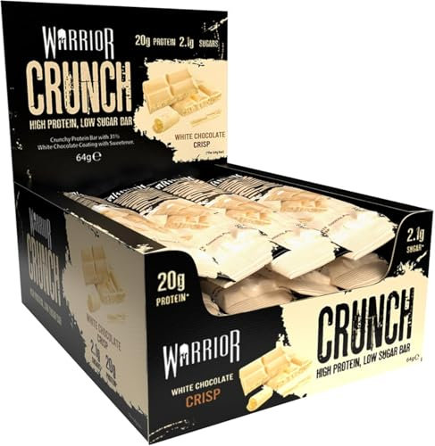 Warrior Crunch Protein Bars – 20g Protein Per Bar – Low Carb, Low Sugar Snack – High Protein Treat – White Chocolate Crisp Flavor – 12 x 64g Bars – Ideal for Fitness, Muscle Recovery