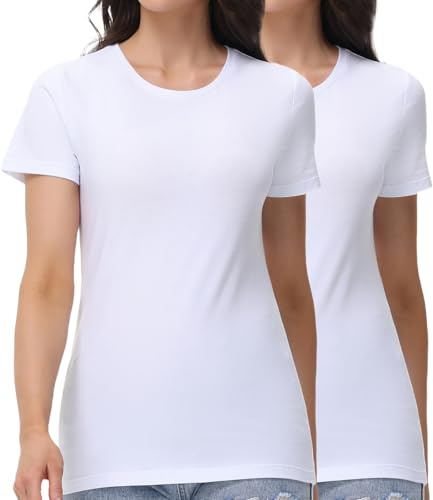 wirarpa Women's T-Shirts Cotton Crew Neck Short-Sleeve Casual Tees Tops Undershirt 2 Pack White Small