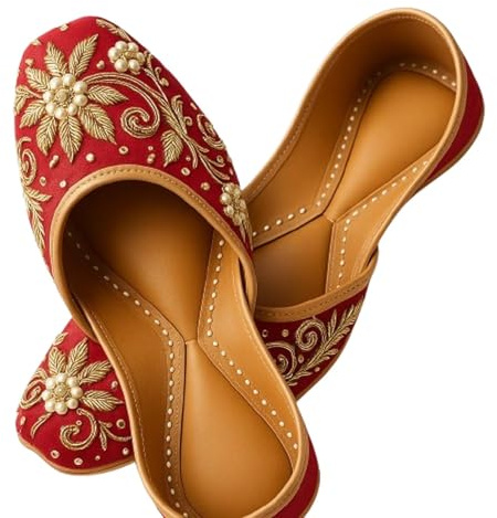 Indian Traditional Flats for Women Dressy Comfortable - Phulkari Khussa, Handmade Punjabi Jutti Ethnic Moajris for Casual & Festive Occasions, 8, Gold Red