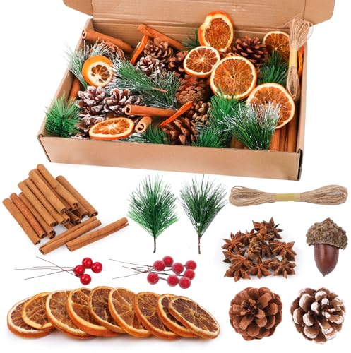 Joxessaien - Set da 198 pezzi per decorazione di corona natalizia - Fette di arancia essiccate, cannella, anice stellato, noci, pigne di pino oleoso, bacche, rami di pino e spago