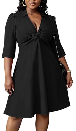 CLOCOR Plus Size Dress for Women 3/4 Sleeve Twist Front V Neck A-Line Cocktail Wedding Guest Party Midi Dresses with Pockets Black