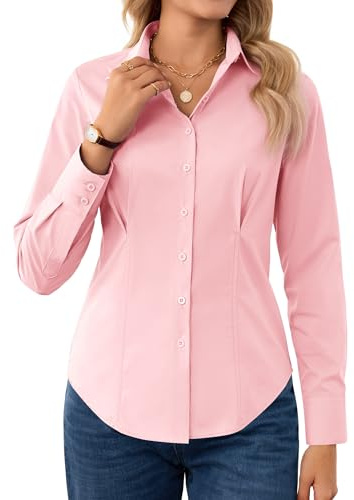 Gleeivy Womens Button Down Shirt Long Sleeve V Neck Classic Collared Button Up Shirt Women Work Business Formal Casual Tops Blouses Light Pink M