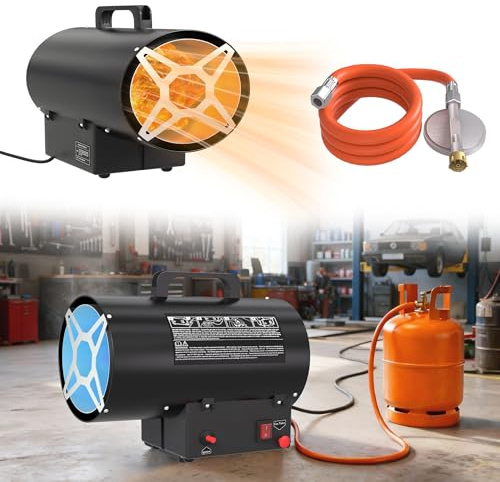 UISEBRT Riscaldatori a gas, 10 KW, termostato, generatore di aria calda, nero (220 V-240 V, propano/butano, con valvola di riduzione della pressione e tubo del gas)