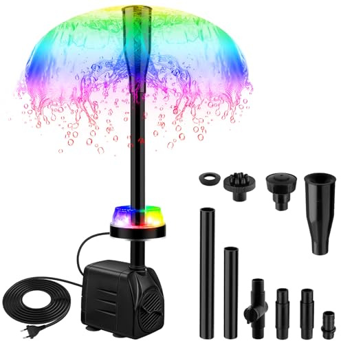 NATPOW Mini Bomba de Agua Sumergible con Luz LED RGB 4 Colores, 15W/800L/H, 3 Boquillas, Ultra Silenciosa con Caudal Ajustable, Altura Máxima 1.6m para Acuario Fuente Estanque, Cable 3M