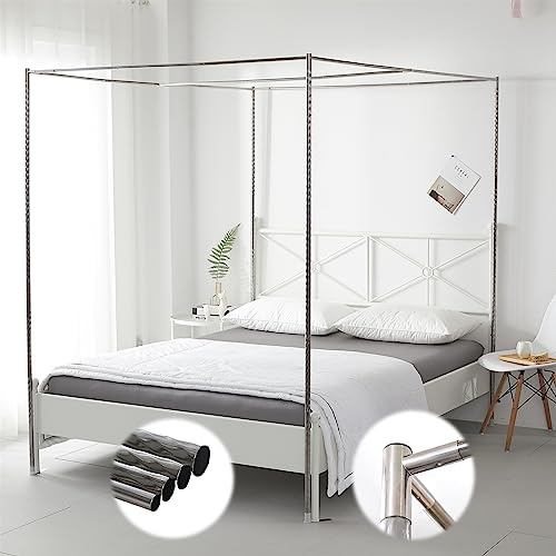 Sängbaldakinram, infällbart sängnät med ram i rostfritt stål – hel/drottning/king size – metallsäng med fyra affischer – 32 mm T-stolpar – perfekt för insektsskydd och elegant D