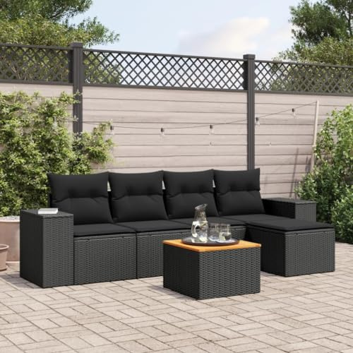Tonture Ensemble de 6 canapés de jardin en rotin synthétique noir avec coussins, espace de rangement, plateau de table en bois d'acacia, résistant aux UV, groupe de sièges d'extérieur modulaire pour