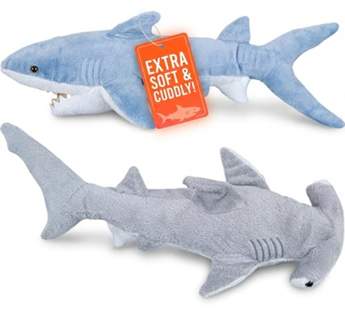Bedwina Stuffed Animal Sharks - Pack of 2 Large, 14 inch Mako & 13 inch Hammerhead Plush Shark Toys, Stuff Animals Toy, for Baby Toddlers & Kids