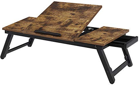 SONGMICS Table de lit, Support pour Ordinateur Portable Jusqu à 14,3 Pouces, Plateau de Service Petit-déjeuner, pour droitier et gaucher, avec Pieds réglables, tiroir, Marron Foncé Rustique LLD110B01