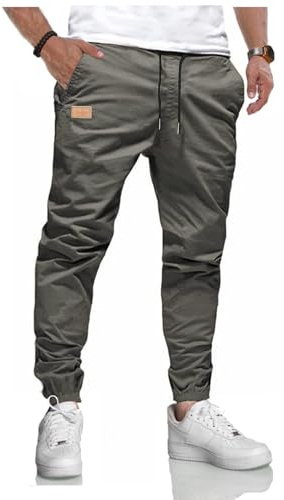 LIUPMWE Herren Hose Chino Cargohose Jogginghose Baumwolle Casual Sporthose Sweatpants Herren mit Taschen Freizeithose Elastische Taille mit Kordelzug,L,Grau