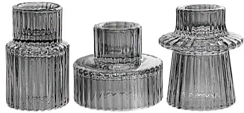 HofferRuffer Kerzenhalter 3er Set Teelichthalter Kerzenständer Glas Kerzenleuchter für Stabkerzen und Teelichter,Tischdeko Deko,Hochzeit,Party,Geschenke(Grau)