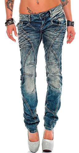 Cipo & Baxx damjeans – snygga smala och regular fit byxor med stretch, dekorativa sömmar, blixtlås och använd look | Bekväm passform, modern design för vardag och speciella tillfällen, Blå – 14, 28W