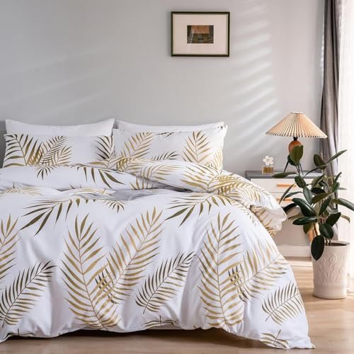 Michorinee Bettwäsche 140x200 Gold Weiß Blätter Muster Microfaser Bettbezug Reißverschluss Botanisch Palmenblätter Bettwäsche Set - 140 x 200 + 70 x 90 cm