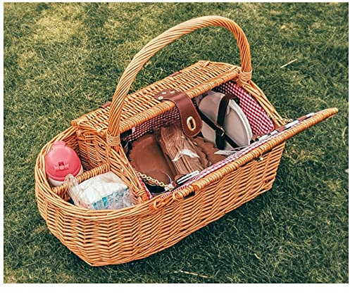 Tragbarer Picknickkorb aus Weidengeflecht mit Befestigungsgurten für Geschirr, für 2 Personen, handgefertigter Weidenkorb, Picknickbox mit Griff und Schloss, perfekt für Camping-Picknick im Freien (47