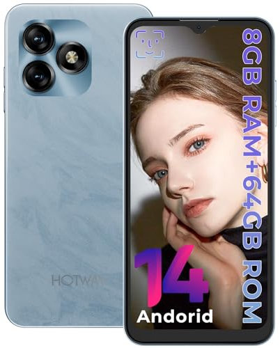 HOTWAV Note 15 Telephone Portable Android 14, 8+64Go/TF-1To Smartphone Pas Cher, Écran 6.6 HD+/Batterie 5160mAh Smartphone Débloqué, 13MP+5MP/Octa-Core/Dual SIM 4G/Face ID/Fingerprint/GPS Bleu Ciel