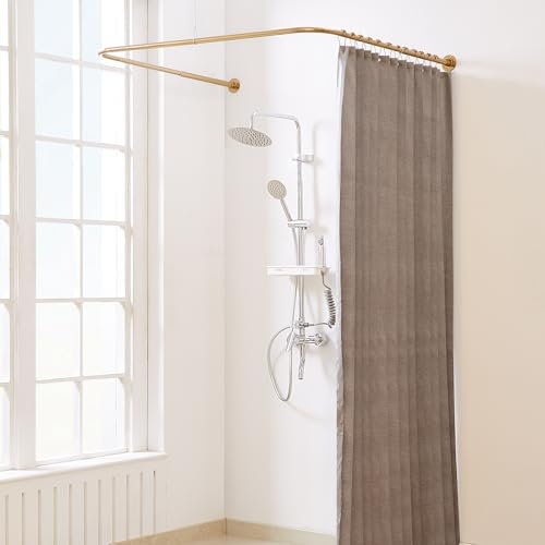 Yampos Barra Cortina Ducha en Forma de U, [Ambos Lados: 60 cm - 132 cm, Centro: 76,2 cm - 117 cm] Poste de Cortina de Esquina de Ducha Exterior Ajustable para Baños con 12 Ganchos y Soportes de Techo