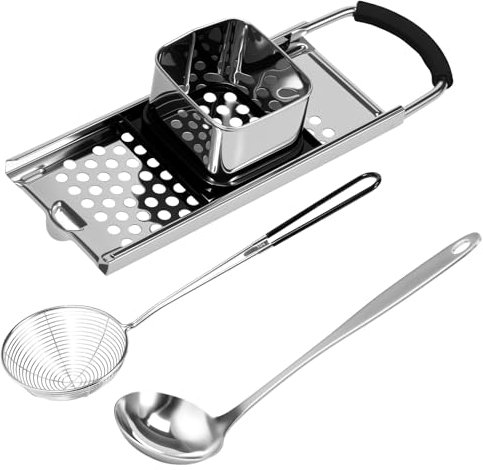 Râpe à spätzle en acier inoxydable, râpe à spätzle avec traîneau à pâte, set de spätzle avec cuillère à tamis et louche à soupe, machine à spätzle en acier inoxydable, idéale pour les spätzle et les