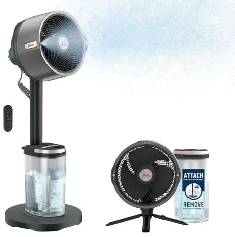 Shark FlexBreeze Pro Mist Ventilateur intérieur/extérieur sans fil, Brumisateur portable, Portée 20 m, Sur pied ou de table, 5 vitesses, Silencieux, Télécommande, Gris Charbon FA300EU