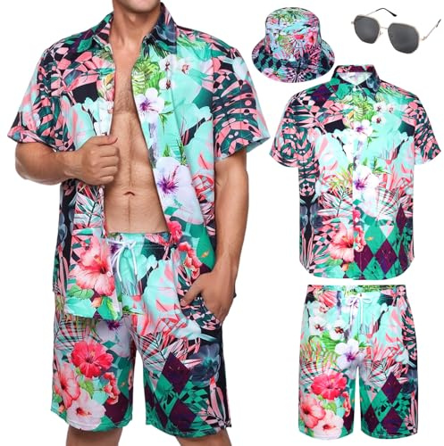 Camisas Hawaiana Hombre, Camisa Pantalones Cortos Hombre Sombrero Gafas Disfraz para Adulto de Playa Verano Tropical Vacaciones (FR/ES, Letras, XL, Regular, Regular, Azul Cielo)