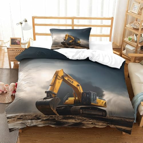 LILIlaobiao Gelb Bagger bettwäsche Einzelgröße Mit 1 Kissenbezug: 80 X 80cm, Single Size Schlafhilfe Digger Machine Bettwäsche, Excavators Bettbezug 135x200cm