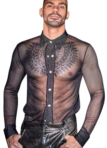 TINAYAUE Men's Sexy Mesh Button Up Shirt See Through Black Long Sleeve Turn Down Shirts Sheer Muscle Tops Casual Nightclub Lingerie Party Rave Club Underwear