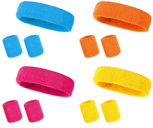Juego de 12 diademas de neón de los años 80 – Diadema deportiva retro y pulseras para hombres y mujeres, algodón suave absorbente, gimnasio, correr, tenis, accesorios para entrenamiento, fútbol