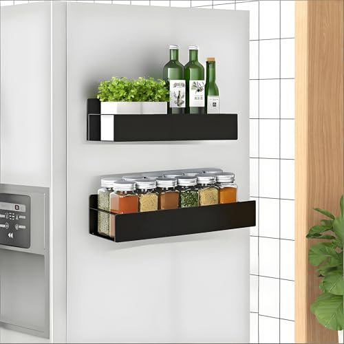 RichinMor Porta Spezie Magnetico per Frigo, 2 Pezzi Mensole Magnetiche Frigo con 4 Ganci, Portaspezie Magnetico Mensola Calamita in Metallo per Portaoggetti e Organizzare la Cucina, Nero