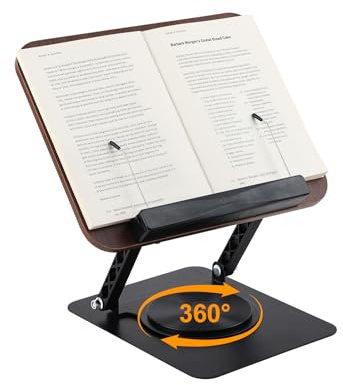 Pomodee Atril Giratorio 360° para Libros, Soporte de Lectura Ajustable y Plegable con Clips Protectores – Soporte de Libro de Madera, para Libros de Cocina, Partituras y Tablet (Negro)