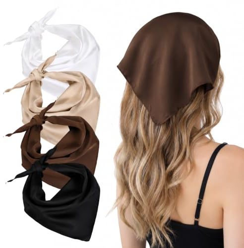 Matwsec 4PCS Triangle Hair Scarf Boho Head Scarf Head Bandana for Women | Hair Bandanas Kerchief for Girls (Brown Black Khaki White)
