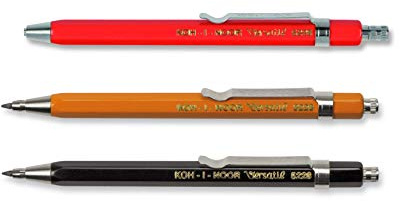 KOH-I-NOOR Versatil 5228 – metall tryck blyertspennor med pennvässare, 2 mm mintjocklek – set om 3 – färger RÖD och GUL och SVART