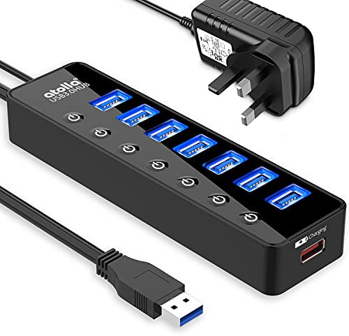 atolla Powered USB 3.0 Hub 20W, 7 Multi USB Data Ports Hub splitter with Individual On/Off Switches+1 Smart Charging port with 5V/4A Power Adapter USB3 Extension for MacBook, Mac Pro and More.