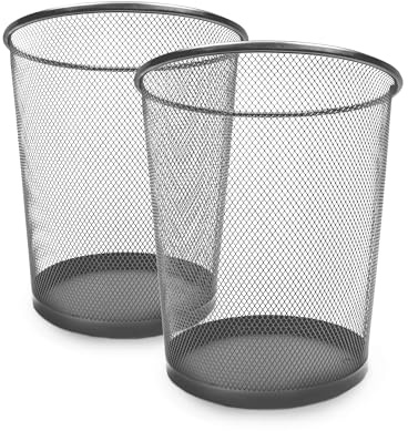 KEPLIN Round Trash Can - 2 Pack Silver Non-slip Mesh Bin, Stylish & Sturdy Metal Waste Paper Bin for Home, Bedroom, Office, Bathroom, Living Room & Kitchen - Indoor Garbage Bins with Sleek Design