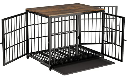 BingoPaw Trä inomhus hundbur garderob: Hundlåda i möbelstil med tre dörrar och avtagbar bricka – hundkoja husdjursbur för medelstora hundar L 91 x 63 x 74 cm svart