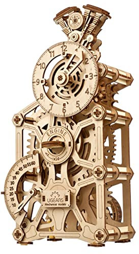 UGEARS Motoren-Uhr 3D Holzpuzzle für Erwachsene - Mechanische 3D Puzzle Uhr Holz - Funktionelle Uhr Modellbausatz mit Bewegliche Kolben - Selbst Bauen holzmodelle bausätze ideal für Modellbau Fan