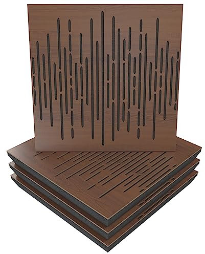 Akustikplatte, Motiv: Wave, 4 Stück, Schallabsorption, 50 x 50 x 5 cm, Absorption, Diffusion, Reflexion, Schalldämmung, Isolierung, Holz, perforiert, laminiert: Welle, Nuss