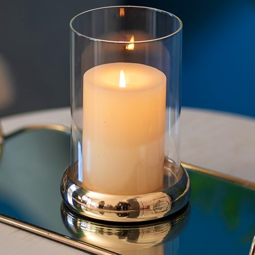 Sziqiqi Hurricane Candle Holder - Clear Glass Pillar Candle Holder Cylinder Lantern with Metal Tray for Mantel Fireplace Coffee Dining Table Decorative Table Centrepieces for Christmas Wedding, Gold
