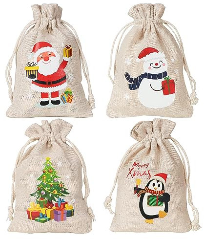 12 Stück 4 Muster Baumwolle Kleine Beutel mit Kordelzug 10 * 14cm Adventskalender Säckchen Baumwollsäckchen Stoffbeutel zum befüllen Geschenksäckchen Wiederverwendbar Geschenktüte Weihnachten
