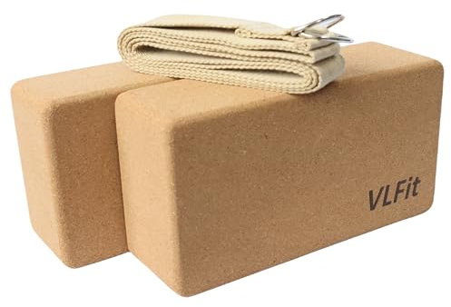 VLFit KORK Yogablock 2er Set - mit Yogagurt aus 100% Baumwolle - umweltfreundlicher Yogablock - ökologisch hergestellt aus Naturkork - 2er Set Blöcke & Gurt