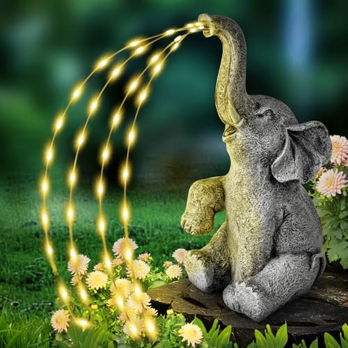 Flintronic Elefante Estatua decoración, 24cm Figuras Decorativas de Jardín luz Solar, Figuras de Jardín de Elefantes, con Farolillo Solar, para Exteriores, Escultura de Resina