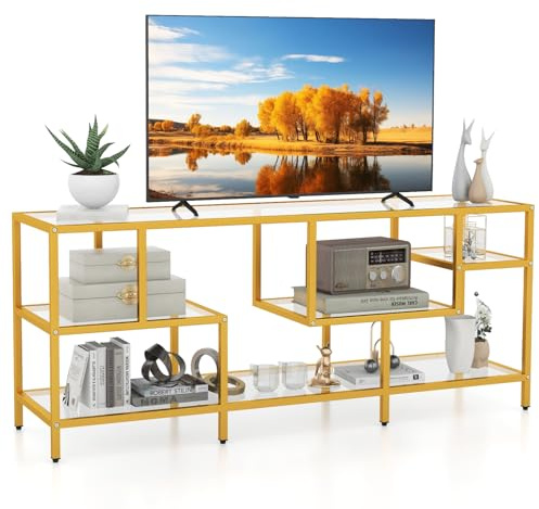 COSTWAY TV Stand for TVs up to 65 Inches, 147cm Tempered Glass Console Table TV Unit with Storage Shelves, Modern TV Cabinet Media Entertainment Center for Living Room Bedroom Entryway, Gold