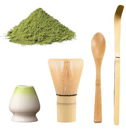 Lot de 4 accessoires de cérémonie à matcha - Outils japonais faits à la main : support pour fouet en bambou, cuillère, cuillère à thé traditionnelle
