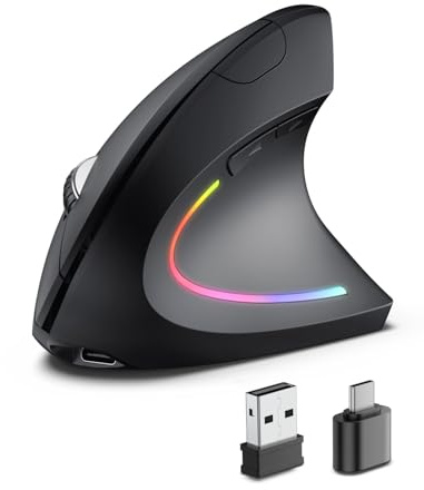 POJTK Ergonomic Wireless Rechargeable Mouse, Bluetooth+USB A+Type C(3 in 1) Connection, 5 Levels Up to 4800 DPI, 6 Silent Buttons, 2.4GHz Carpal Tunnel Vertical Mice, for Laptop, Desktop,MacBook-black