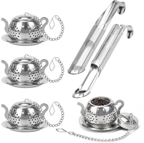 REFORUNG 6 Pz Filtro per Tè in Acciaio Inox 304,Colino per Tè a Maglia Fine,Infusori per Teiera con Vassoio Antigoccia,Filtro da Tè con Catena e Gancio per Teiere, Tazze e Bottiglie di Tè