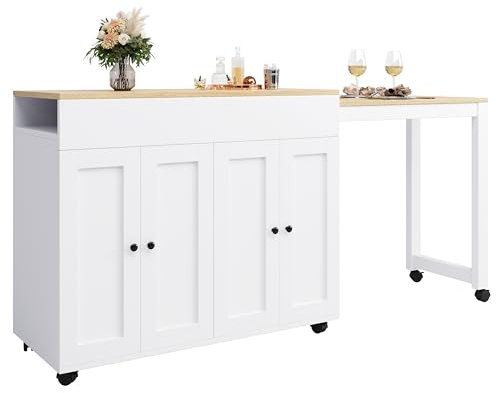 UATARU Extendable Bar Table (118-180), Extendable Bistro Table with Storage Space for Dining Room (White)