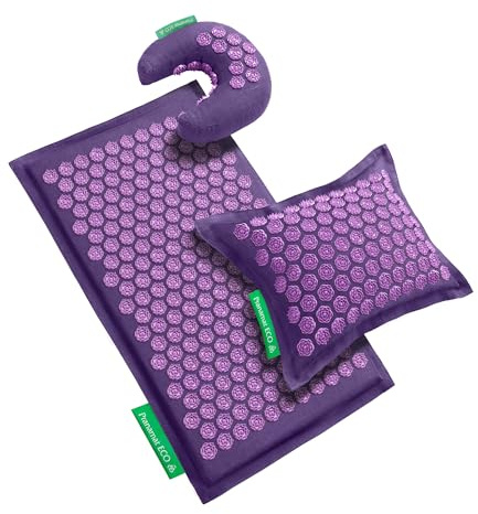 Pranamat Set de Esterillas Grande y Pequeña + Almohada Luna de Acupresión, Terapia Premium para Alivio del Dolor y Relajación, Hecho a Mano en Europa con Materiales Naturales y Sostenibles (Lavander)