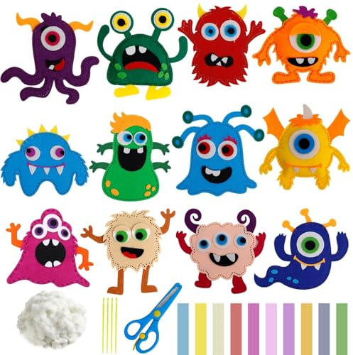 DIYCUT 12 Pièces Monster Kit de Couture Créatif, Kit de Bricolage en Feutre, Set de Couture en Feutre Animal, Cadeau Créatif avec Outils Complets pour Garçons, Filles et Débutants