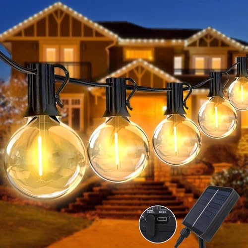 WoskjXas Guirnalda Exterior Solar 12M/39.4FT 20 LED G40 Bombillas Luces Terraza Exterior con 8 Modes Carga USB, Impermeable Guirnalda Solar G40 Luces Solares Bombillas para Patio Jardín Fiesta