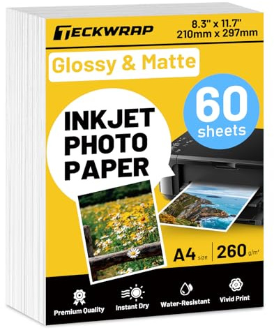TECKWRAP Glossy & Matte Photo Paper for Inkjet Printer A4, 60 Sheets | 260gsm Printable Vinyl for Canon Hp Epson Inkjet Printer for Printing Photos, Brochures, Booklets, Flyers, Leaflets, Cards