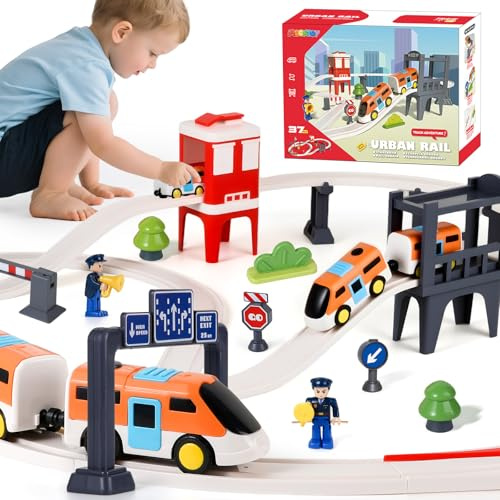 MOONTOY 37 Pezzi Set Treno Elettrico per Bambini, Vagoni Magnetici, Binari con Ponte e Segnaletica, Giocattolo Educativo Fai da Te, Regalo di Compleanno e Natale per Bambini e Bambine dai 3 Anni